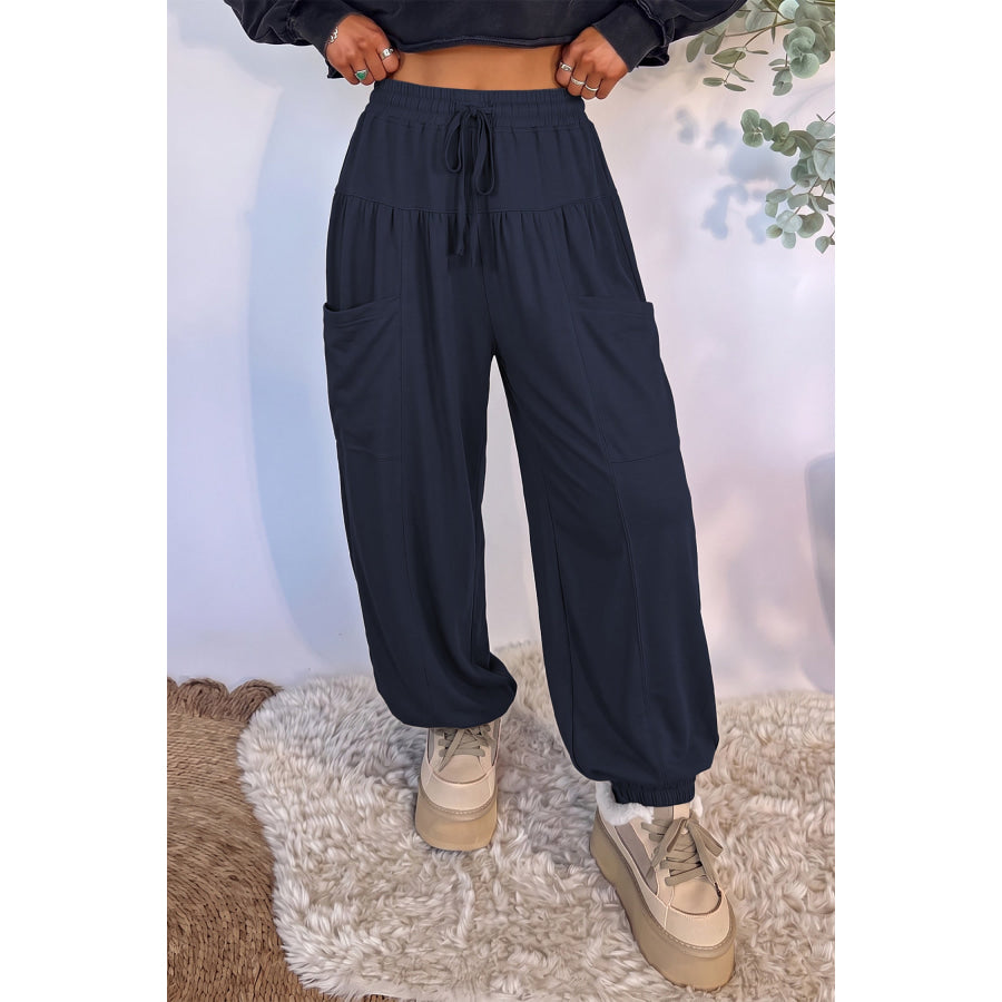 Dirty blue Elastic Waist Drawstring Wide Leg Full Length Pants Bottoms/Pants & Culotte