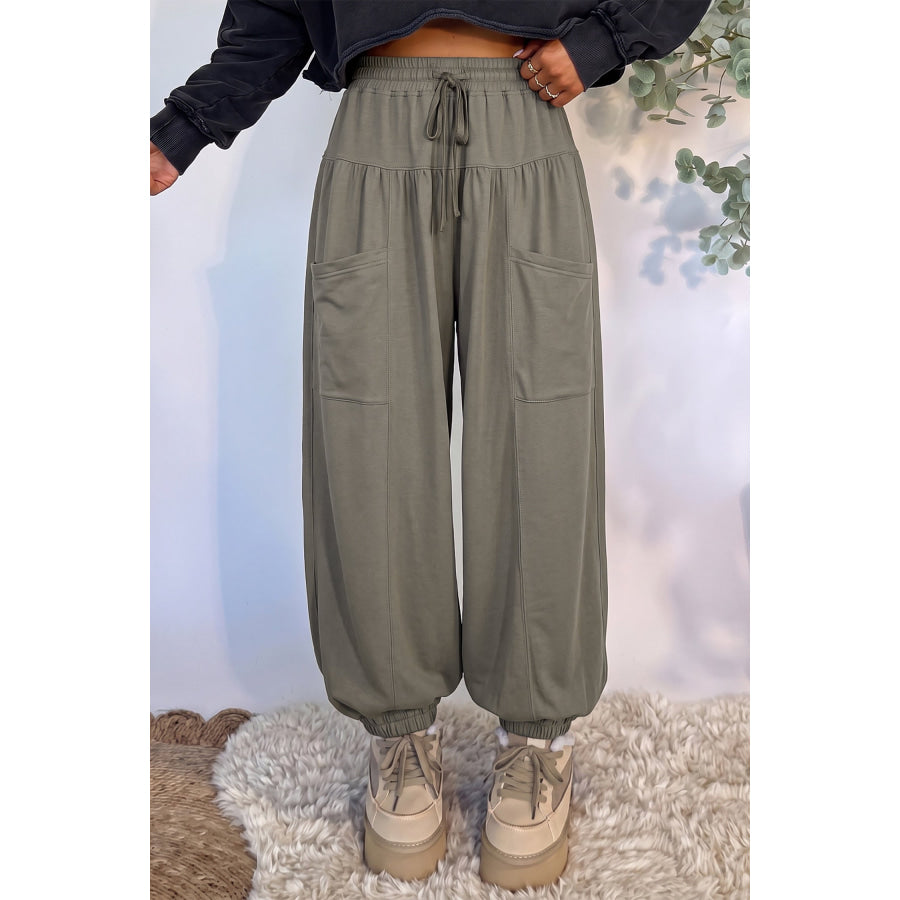 Dirty blue Elastic Waist Drawstring Wide Leg Full Length Pants Seagrass / S / 75% Polyester + 20% Cotton + 5% Elastane Bottoms/Pants &