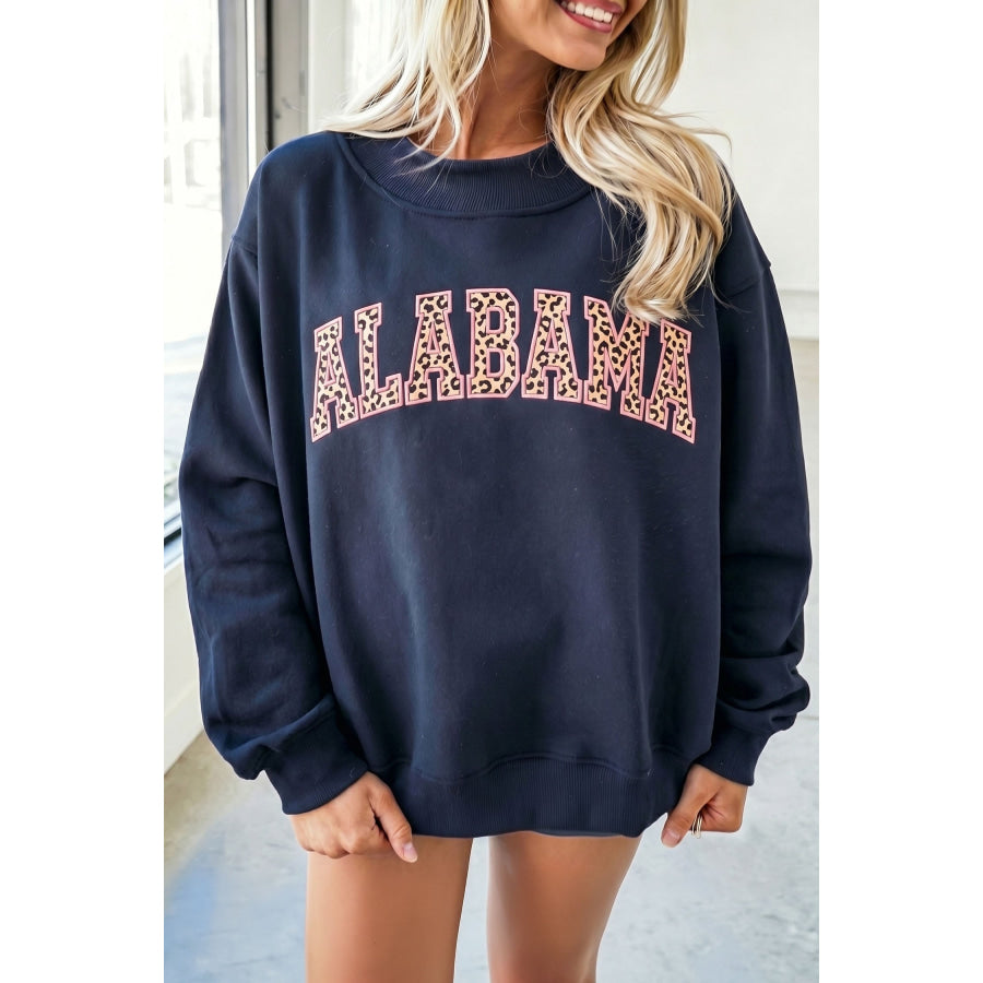 Dirty blue Embroidered Leopard Alabama High Neck Long Sleeve Tunic Sweatshirt Tops/Sweatshirts & Hoodies