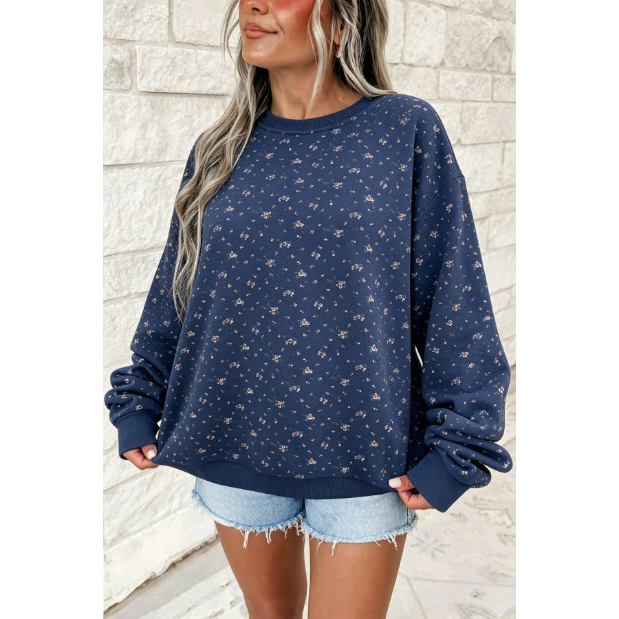 Dirty blue Floral Print Round Neck Dropped Shoulder Casual Pullover Sweatshirt / S Tops/Sweatshirts & Hoodies
