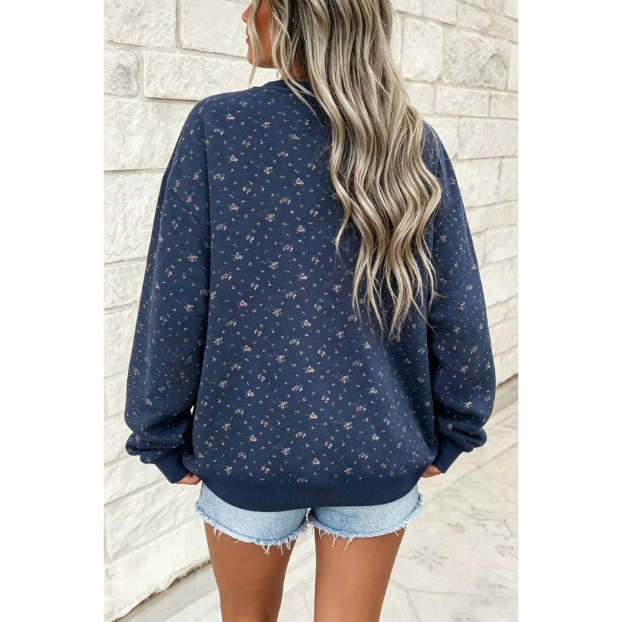 Dirty blue Floral Print Round Neck Dropped Shoulder Casual Pullover Sweatshirt Tops/Sweatshirts & Hoodies