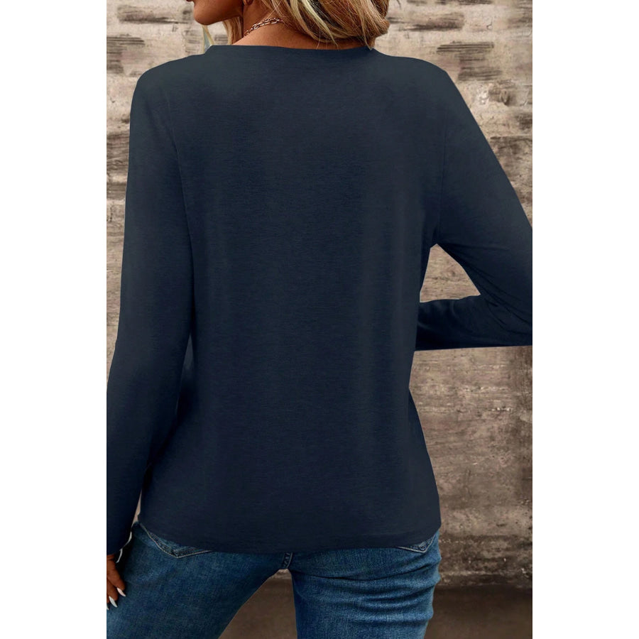 Dirty blue Notch V Neck Pocket Patched Long Sleeve T Shirt Tops/Long Tops