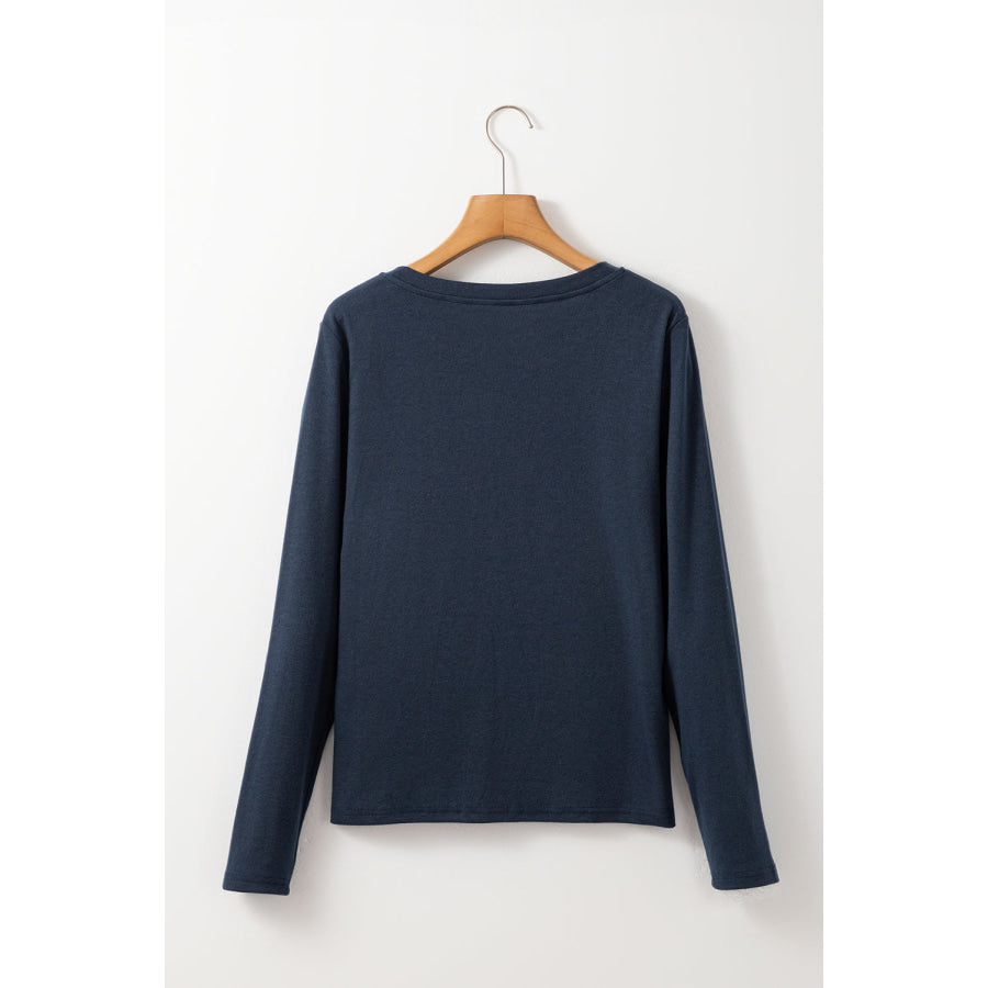 Dirty blue Notch V Neck Pocket Patched Long Sleeve T Shirt Tops/Long Tops