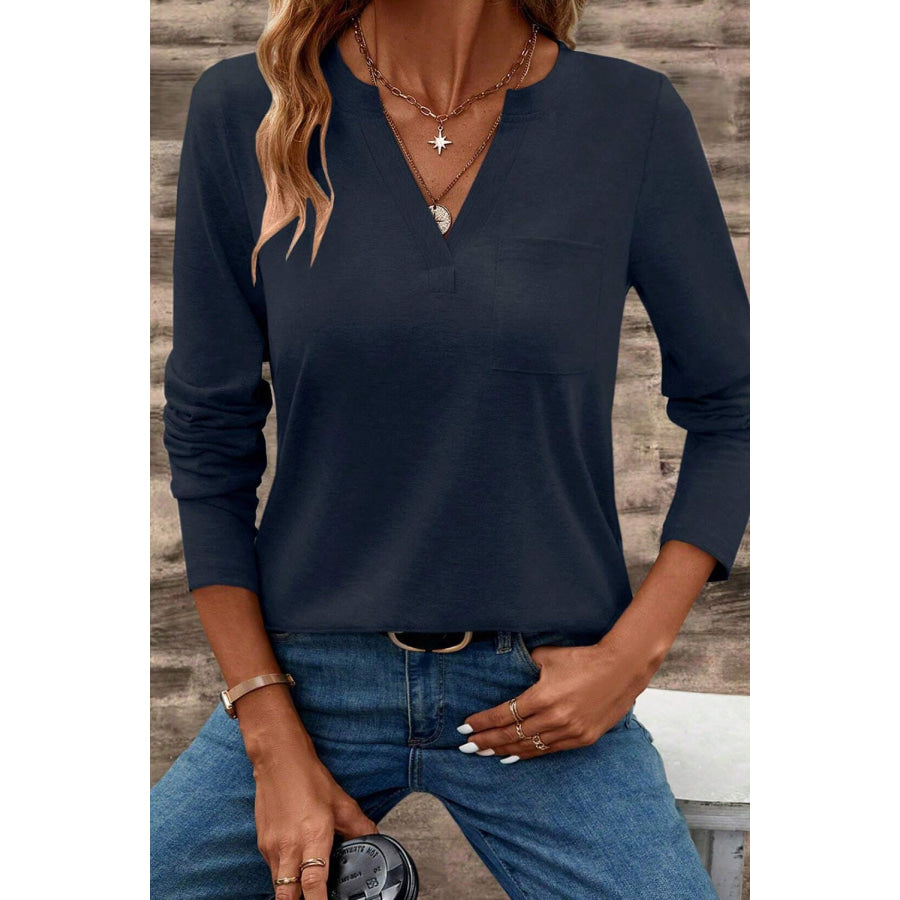 Dirty blue Notch V Neck Pocket Patched Long Sleeve T Shirt Tops/Long Tops