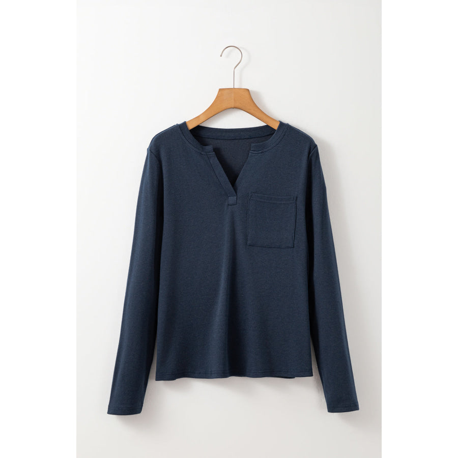 Dirty blue Notch V Neck Pocket Patched Long Sleeve T Shirt Tops/Long Tops