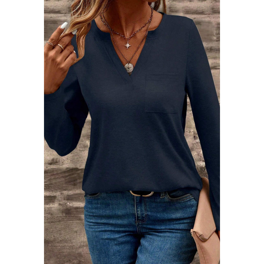 Dirty blue Notch V Neck Pocket Patched Long Sleeve T Shirt Tops/Long Tops
