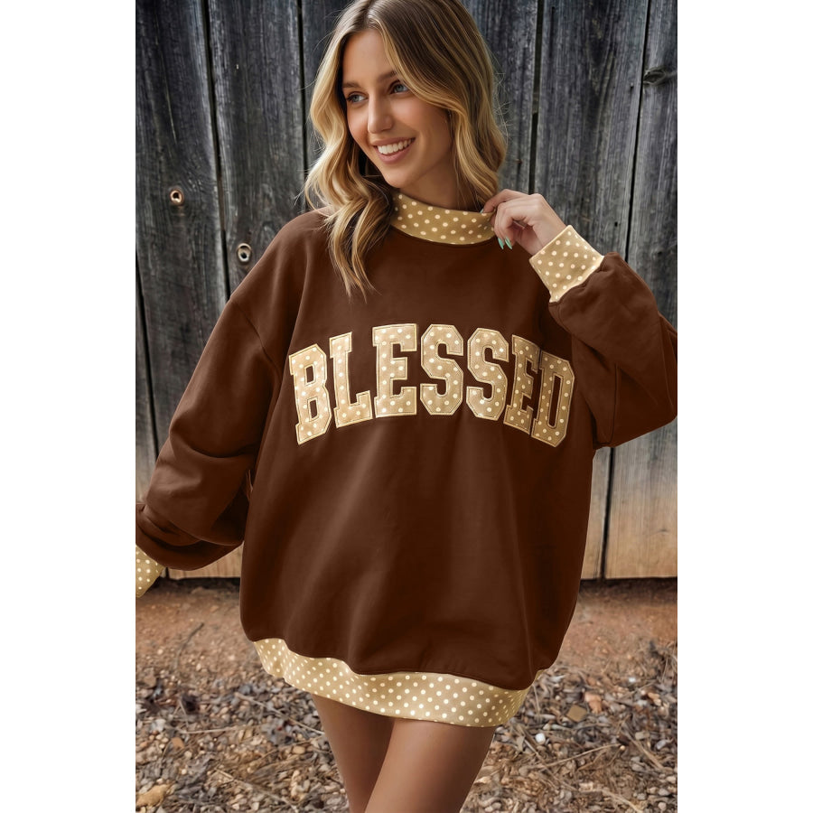 Dirty blue Polka Dot Trim High Neck GRACE Letter Graphic Baggy Sweatshirt Tops/Sweatshirts & Hoodies