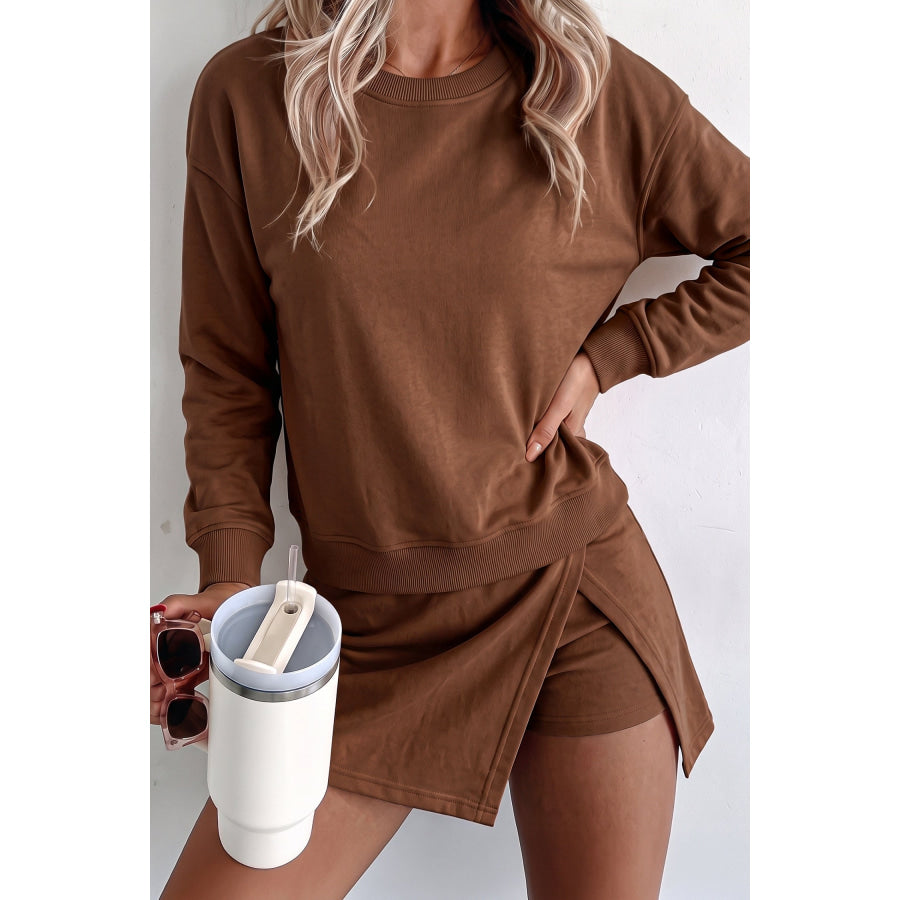 Dirty blue Solid Color Long Sleeve Top Split Skort 2pcs Outfit Coffee / S / 65% Polyester + 35% Cotton Two Piece Sets/Two Piece Dresses