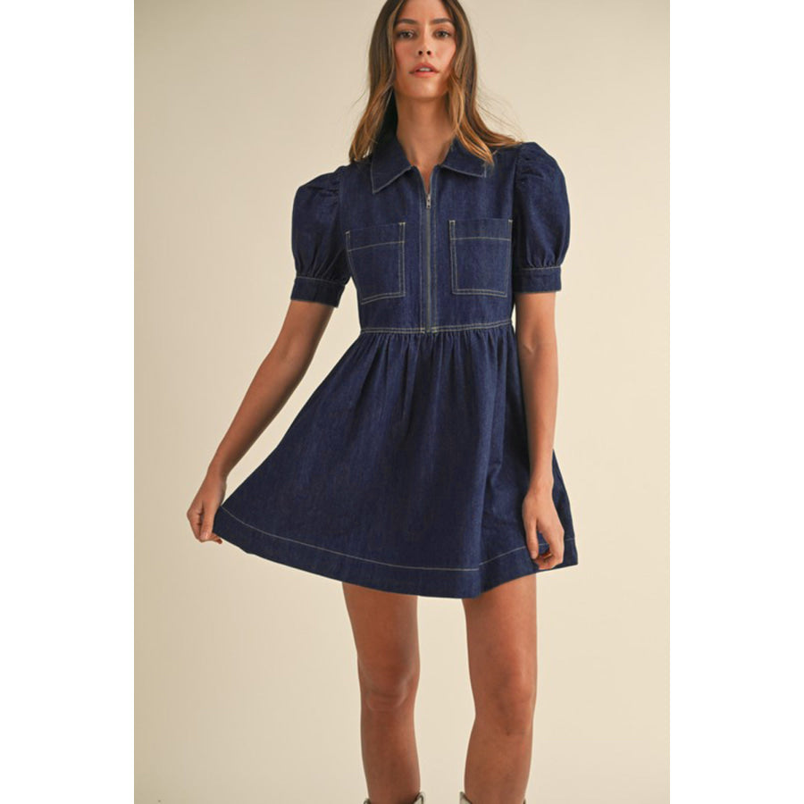 Dirty blue Zipped up Bodice Collared Short Puff Sleeve Denim Dress Dresses/Mini Dresses