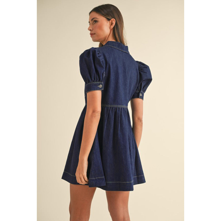 Dirty blue Zipped up Bodice Collared Short Puff Sleeve Denim Dress Dresses/Mini Dresses