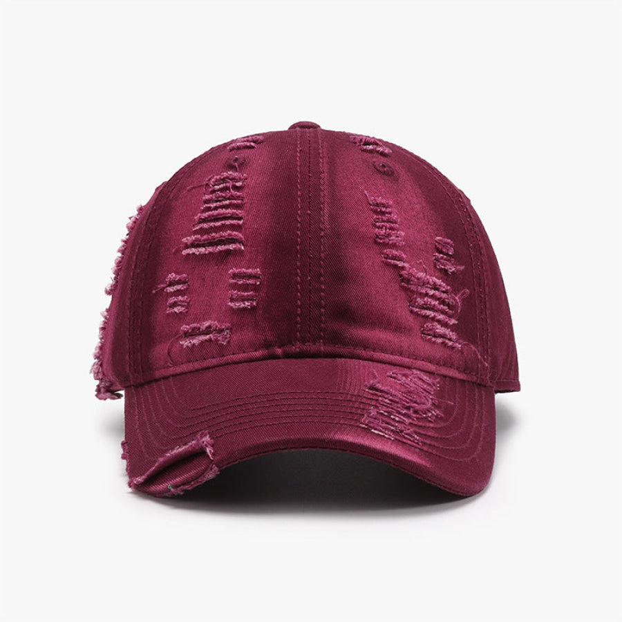 Distressed Adjustable Cotton Baseball Cap Burgundy / One Size Apparel and Accessories