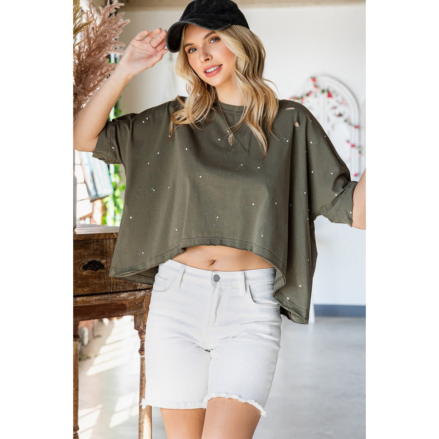 Distressed Asymmetric Hem Cropped Tee Shirt