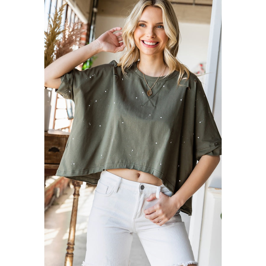 Distressed Asymmetric Hem Cropped Tee Shirt