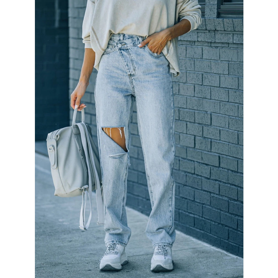 Distressed Asymmetric Waist Jeans Light / S Apparel and Accessories