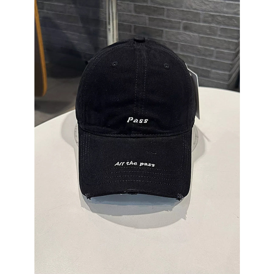 Distressed Baseball Cap with Embroidered Slogan Black / One Size Apparel and Accessories