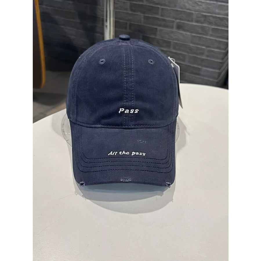 Distressed Baseball Cap with Embroidered Slogan Navy Blue / One Size Apparel and Accessories