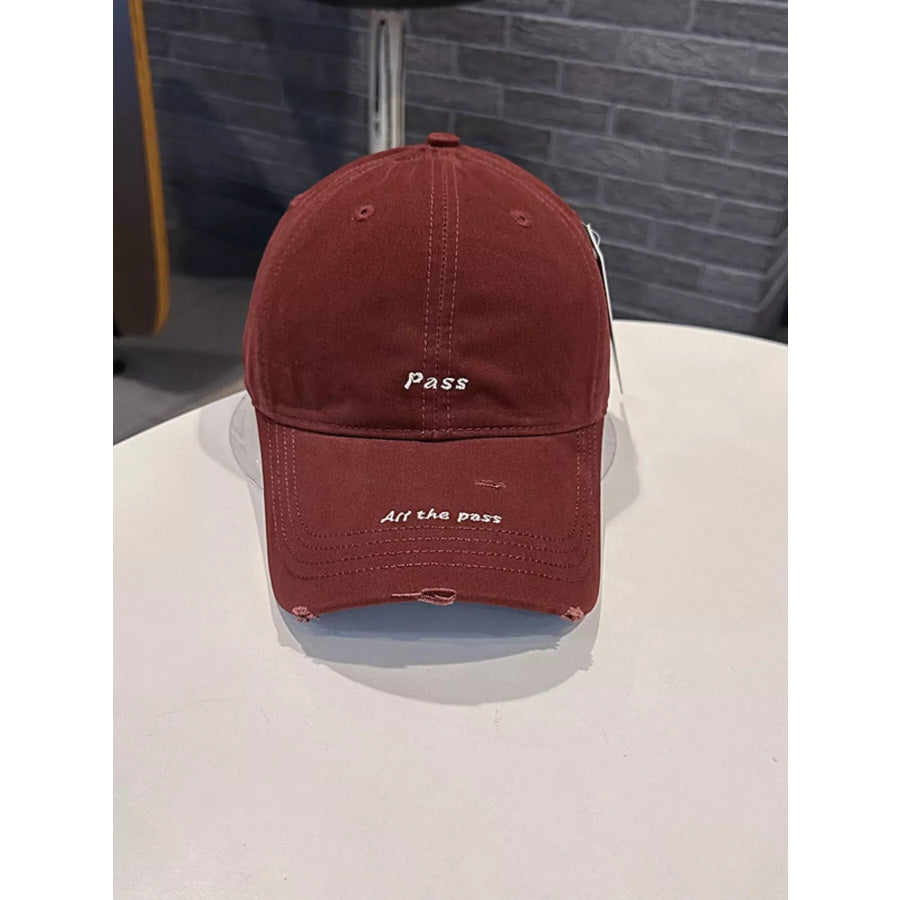 Distressed Baseball Cap with Embroidered Slogan Wine Red / One Size Apparel and Accessories
