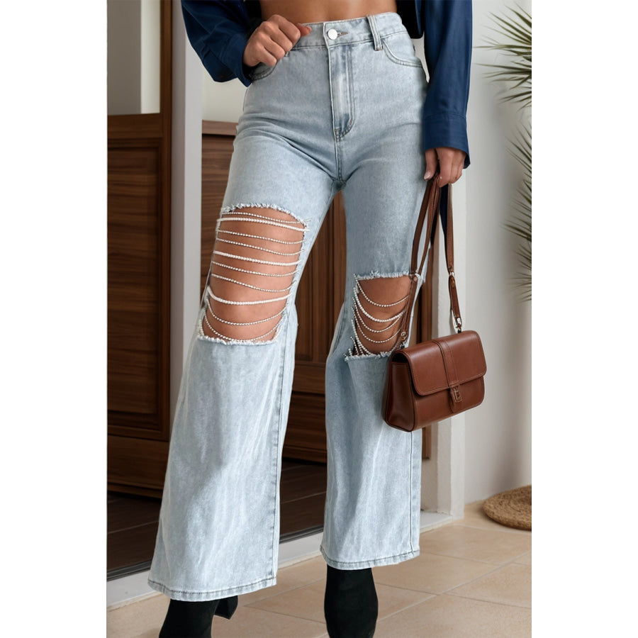 Distressed Bead Chain Straight Jeans Apparel and Accessories