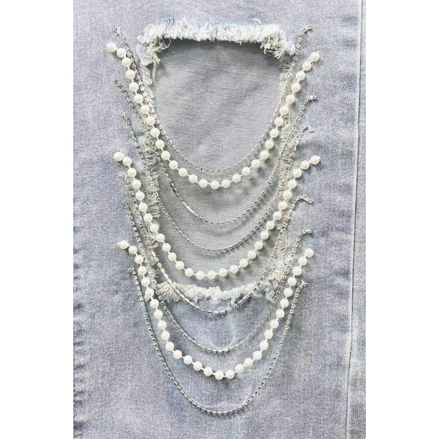 Distressed Bead Chain Straight Jeans Apparel and Accessories