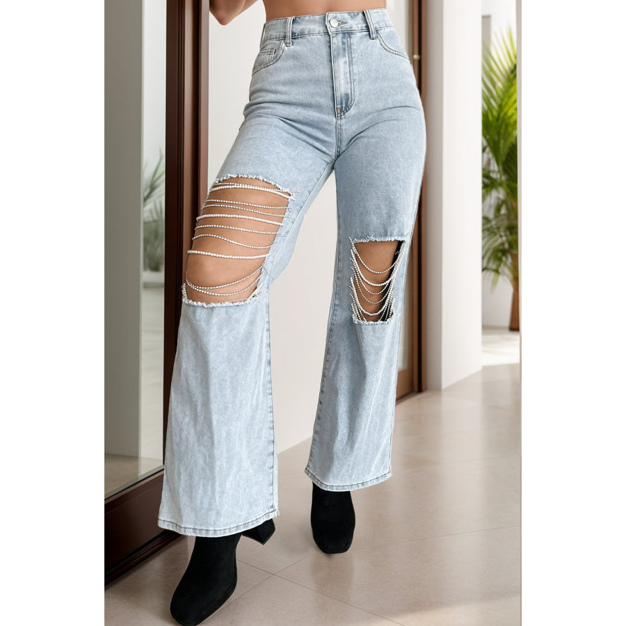 Distressed Bead Chain Straight Jeans Light / S Apparel and Accessories
