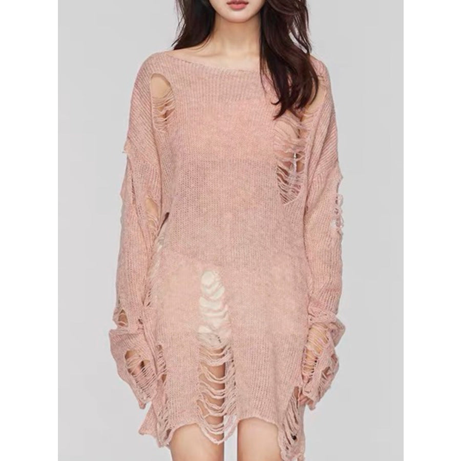Distressed Boat Neck Knit Cover Up Peach / S Apparel and Accessories