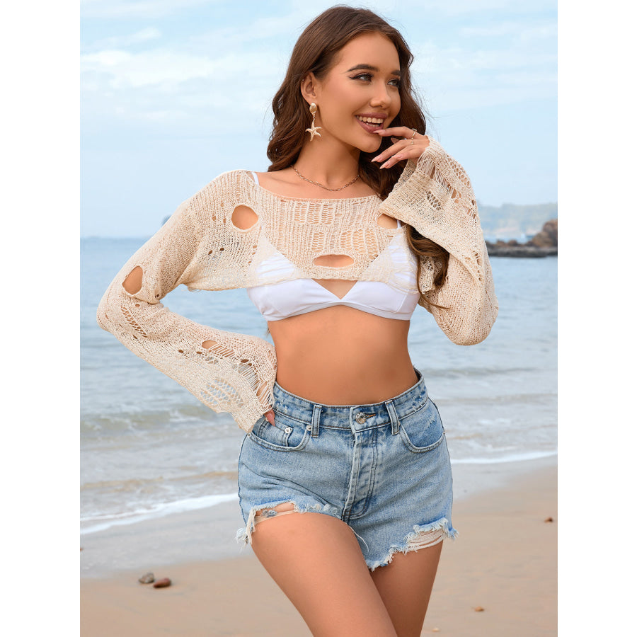 Distressed Boat Neck Long Sleeve Cover Up Apparel and Accessories