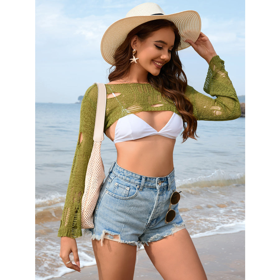 Distressed Boat Neck Long Sleeve Cover Up Apparel and Accessories