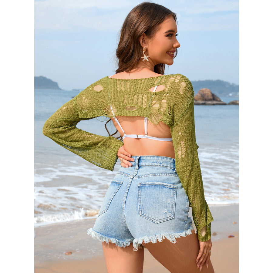 Distressed Boat Neck Long Sleeve Cover Up Apparel and Accessories