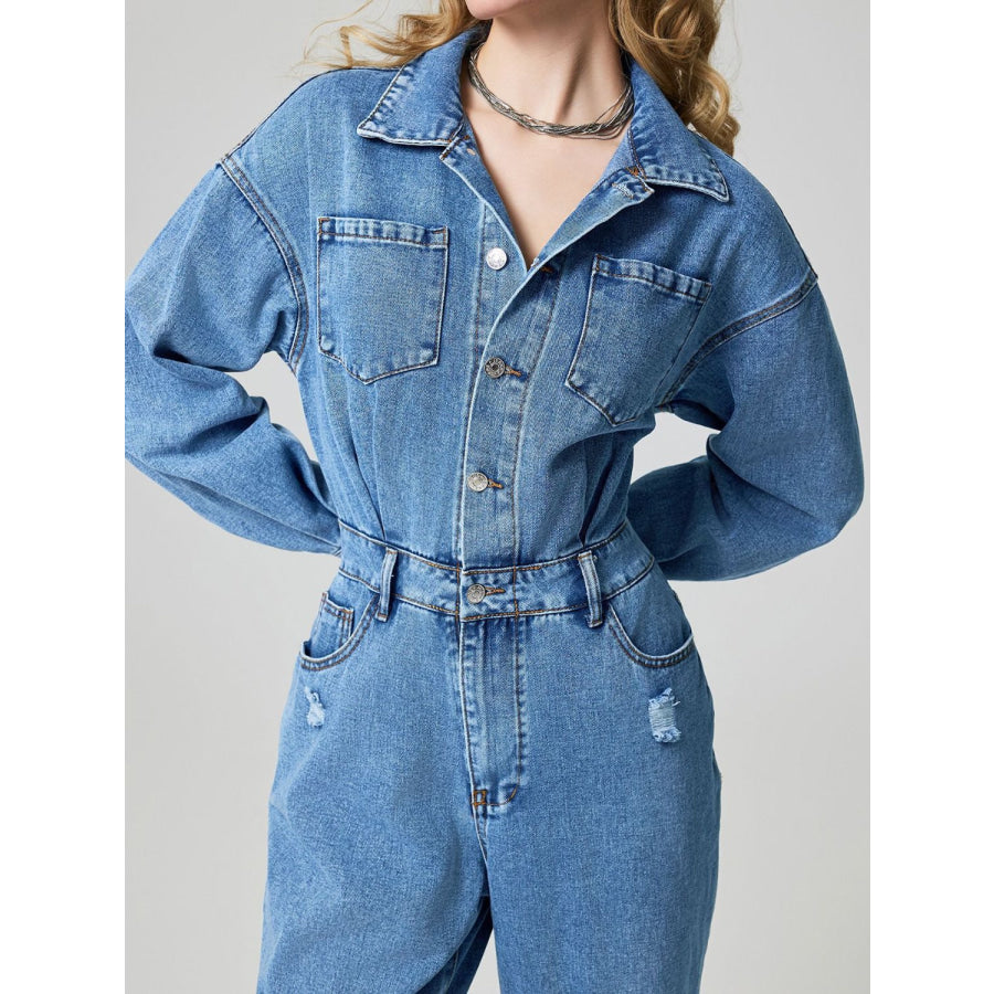 Distressed Button Down Drop Shoulder Denim Jumpsuit Apparel and Accessories