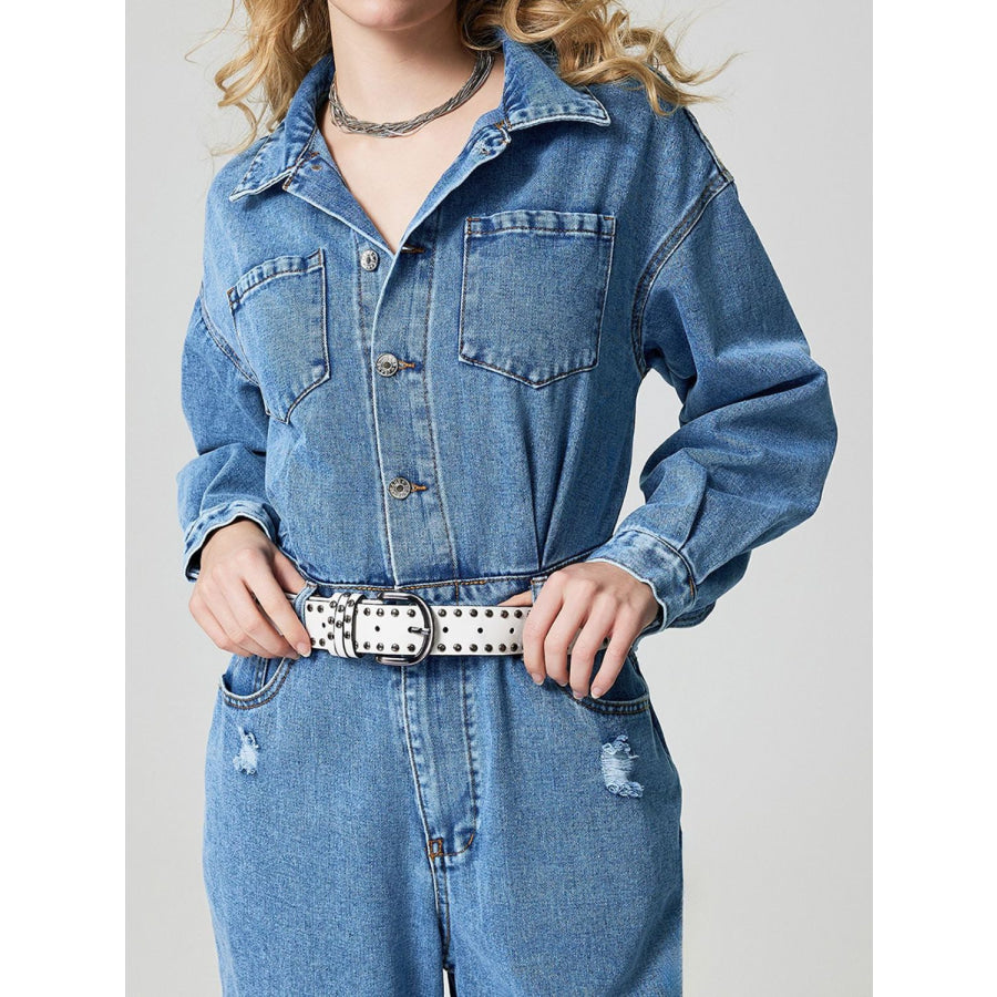 Distressed Button Down Drop Shoulder Denim Jumpsuit Apparel and Accessories