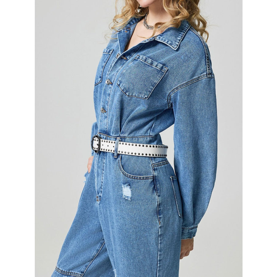 Distressed Button Down Drop Shoulder Denim Jumpsuit Apparel and Accessories