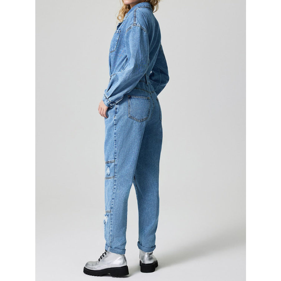 Distressed Button Down Drop Shoulder Denim Jumpsuit Apparel and Accessories