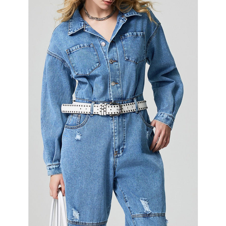 Distressed Button Down Drop Shoulder Denim Jumpsuit Apparel and Accessories