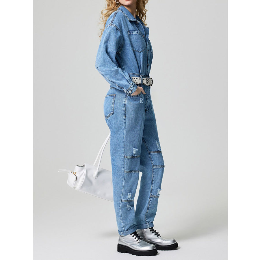 Distressed Button Down Drop Shoulder Denim Jumpsuit Apparel and Accessories