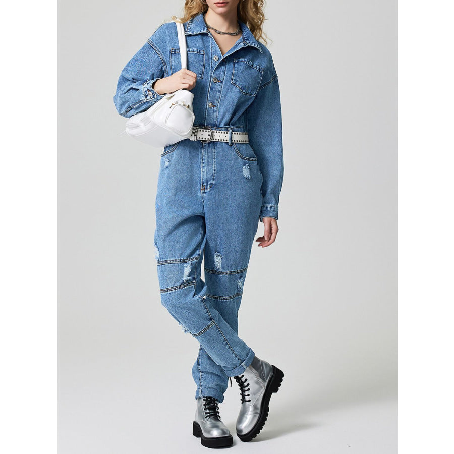 Distressed Button Down Drop Shoulder Denim Jumpsuit Medium / S Apparel and Accessories