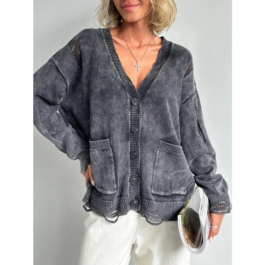 Distressed Button Down Long Sleeve Cardigan Black / S Apparel and Accessories