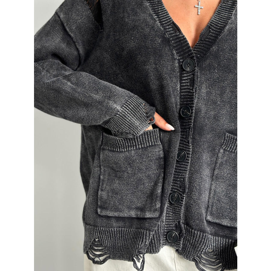 Distressed Button Down Long Sleeve Cardigan Apparel and Accessories