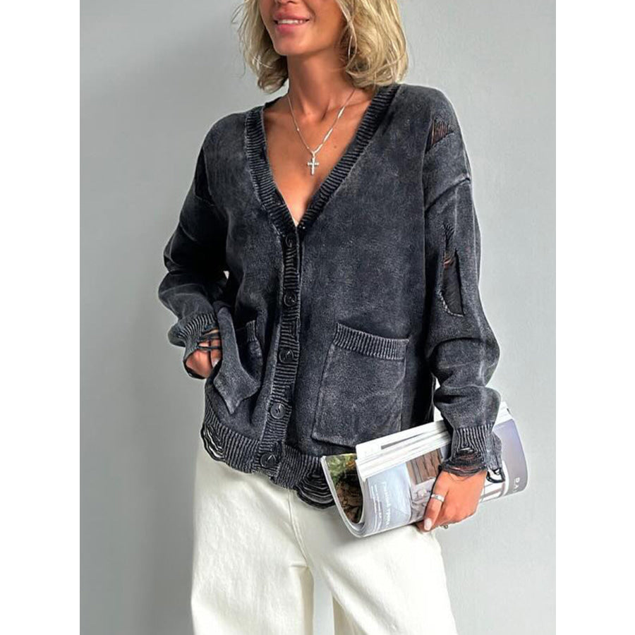 Distressed Button Down Long Sleeve Cardigan Apparel and Accessories