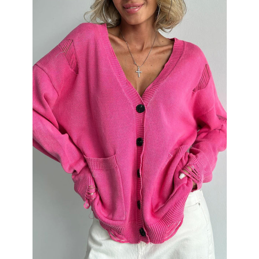 Distressed Button Down Long Sleeve Cardigan Hot Pink / S Apparel and Accessories