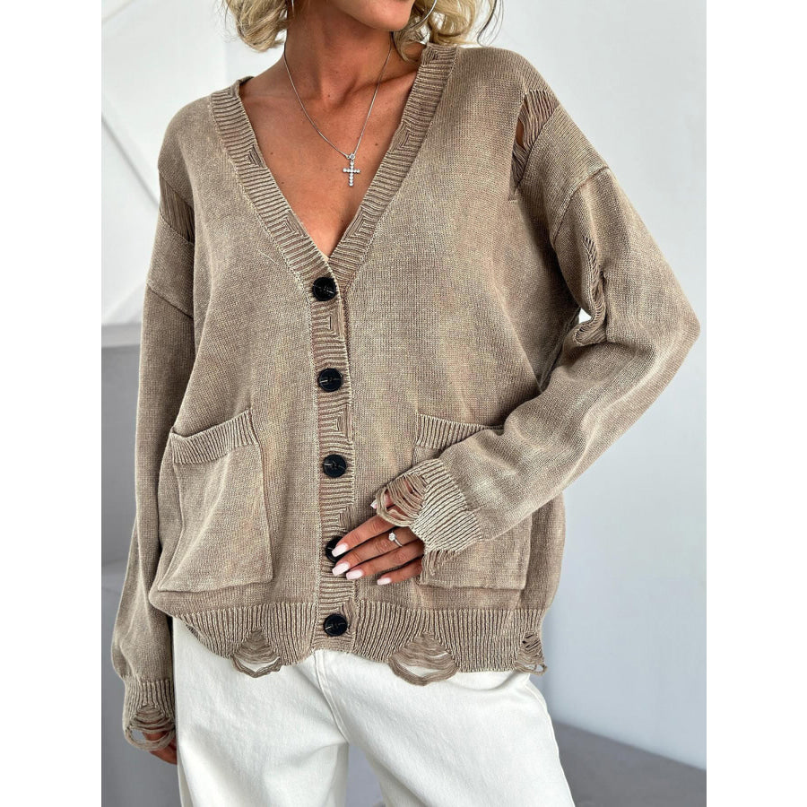 Distressed Button Down Long Sleeve Cardigan Tan / S Apparel and Accessories