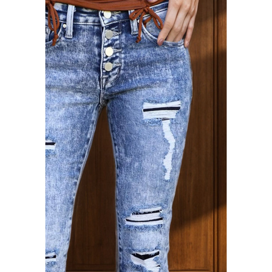 Distressed Button-Fly Bootcut Jeans with Pockets Apparel and Accessories