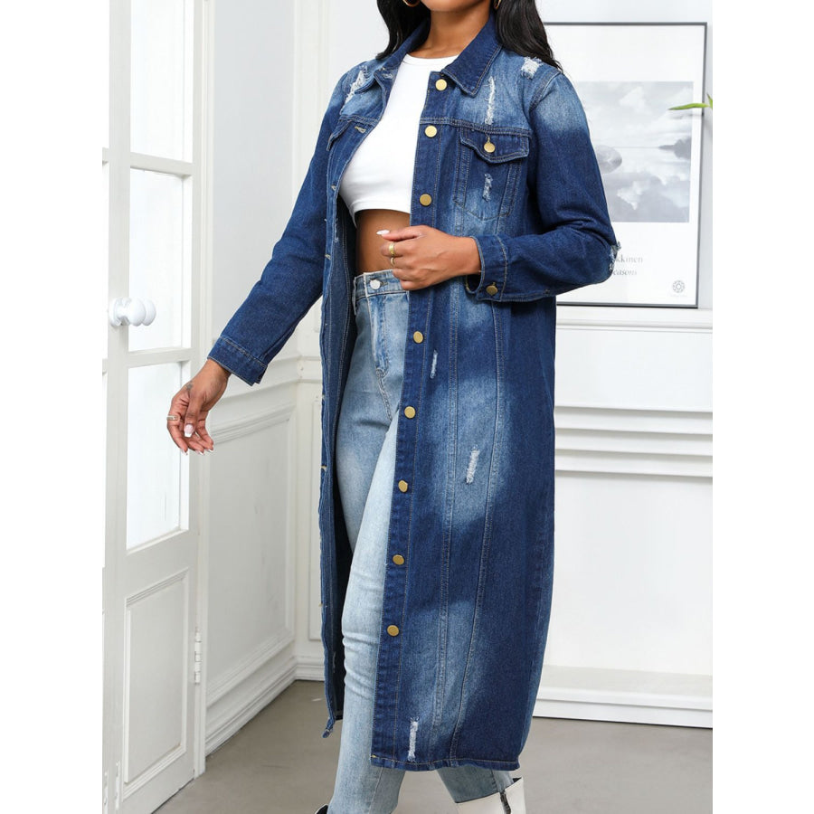 Distressed Button Up Collared Neck Denim Top Apparel and Accessories