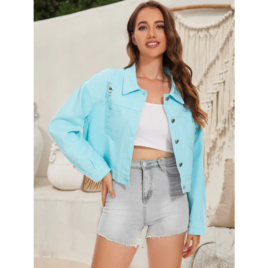 Distressed Button Up Denim Jacket Apparel and Accessories