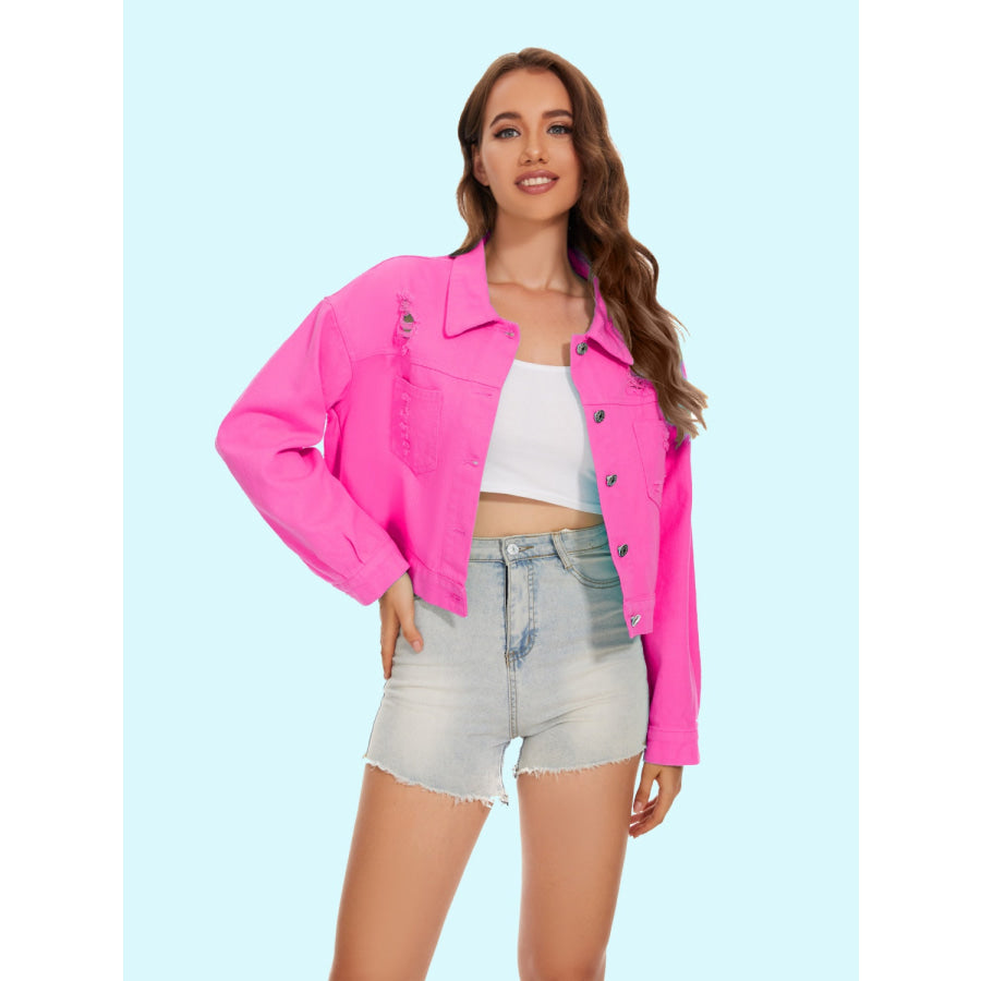 Distressed Button Up Denim Jacket Hot Pink / S Apparel and Accessories