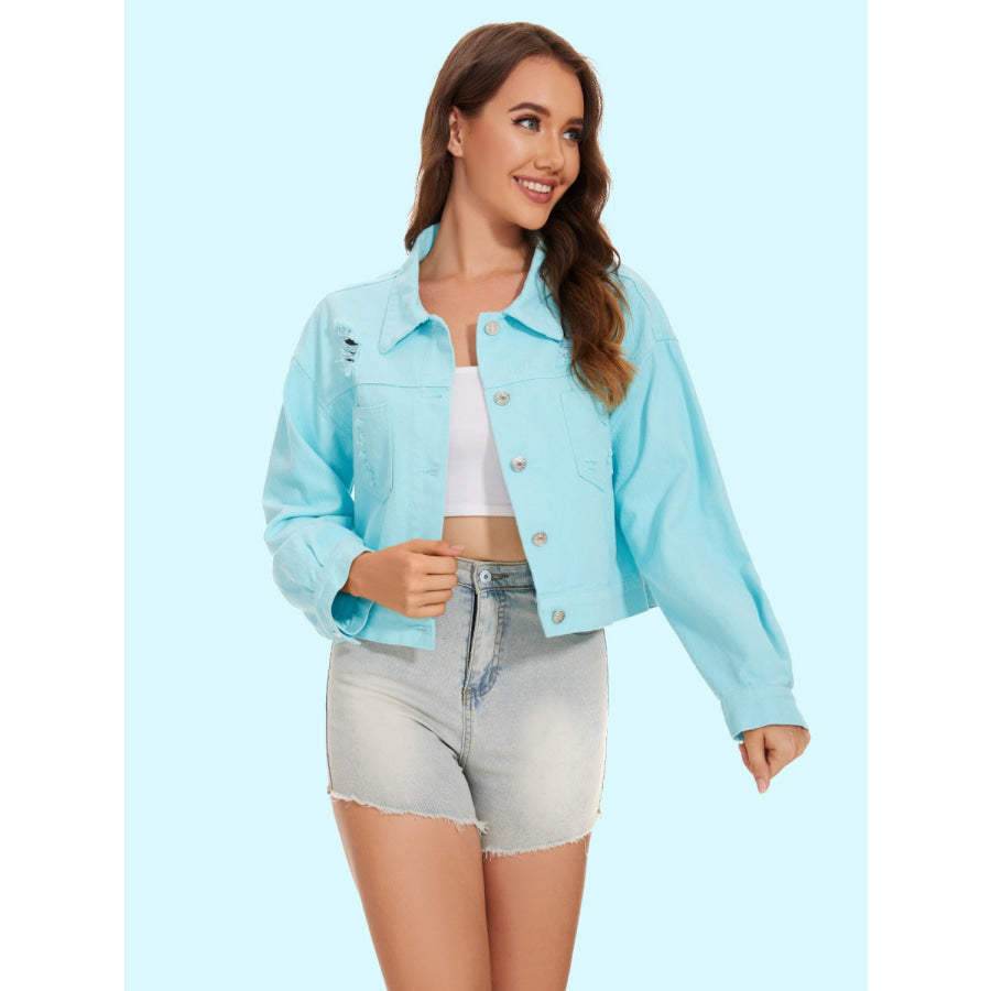 Distressed Button Up Denim Jacket Mint Blue / S Apparel and Accessories