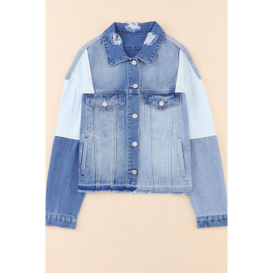 Distressed Button Up Drop Shoulder Denim Jacket Apparel and Accessories