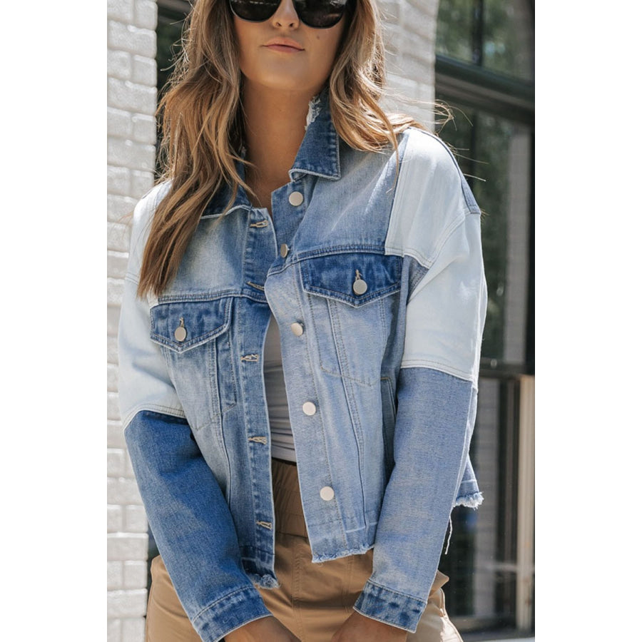 Distressed Button Up Drop Shoulder Denim Jacket Apparel and Accessories