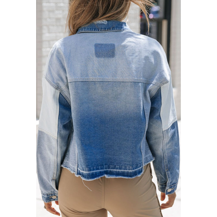 Distressed Button Up Drop Shoulder Denim Jacket Apparel and Accessories