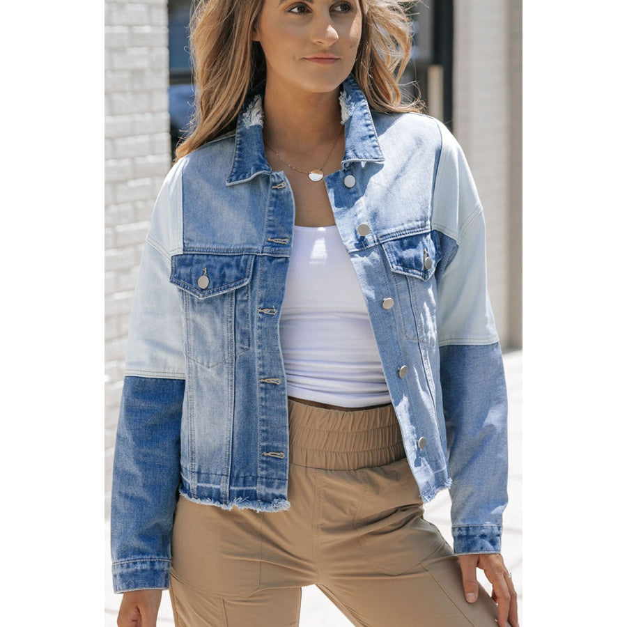 Distressed Button Up Drop Shoulder Denim Jacket Apparel and Accessories