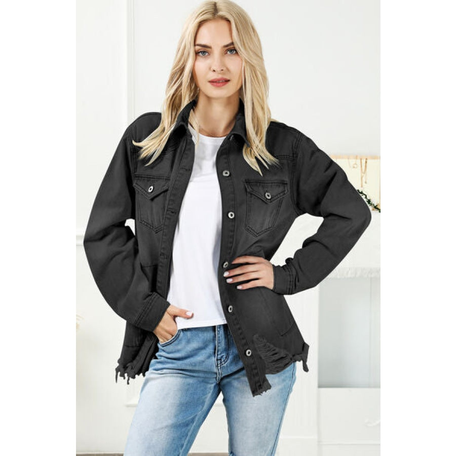 Distressed Button Up Frayed Hem Denim Jacket Black / S Clothing